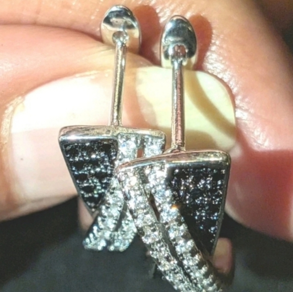 Lab Created Black Diamond Cluster Crossover Hoop Earrings 14k White Gold Plated - Picture 8 of 16